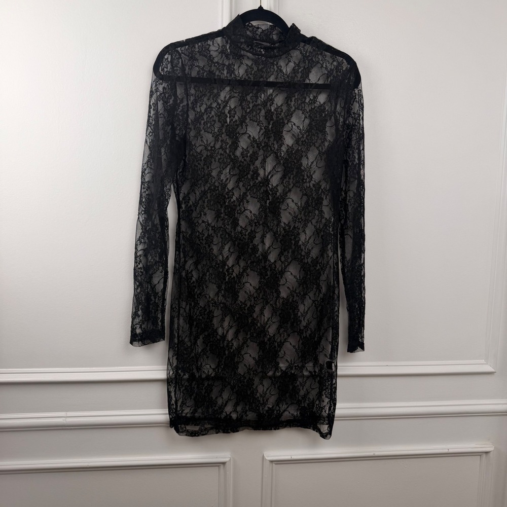 Black Floral Lace Mock Neck Long Sleeve Mini Dress swdress07190912 Size L